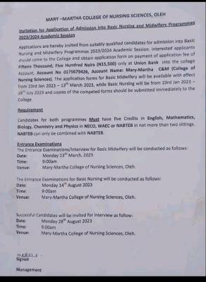 Mary Martha College Of Nursing Science 2023/2024 Admission Form