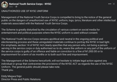 NYSC gives notice on unauthorized use of the uniform
