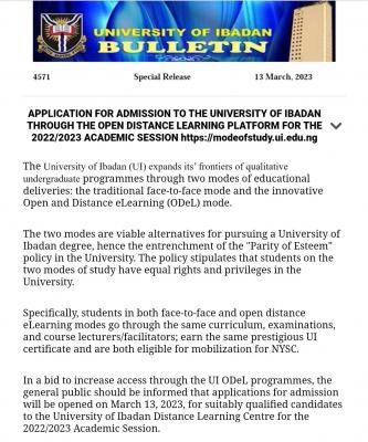 University Of Ibadan Releases 2022/2023 Open Distant Learning Admission Form