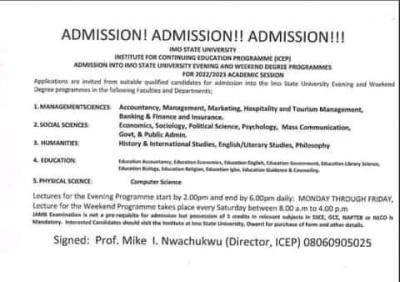 IMSU releases 2022/2023 admission into Evening and weekend degree programmes