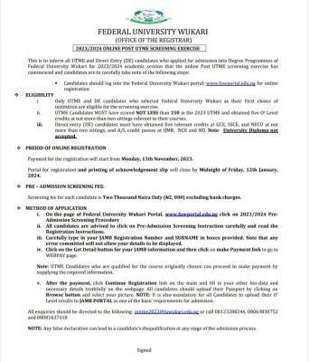 Federal University Wukari Releases 2023/2024 Post-UTME & DE Admission Forms