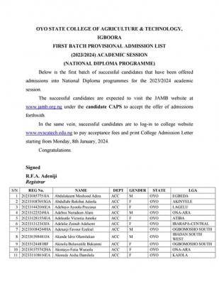 OYSCATECH releases 2023/2024 1st batch admission list